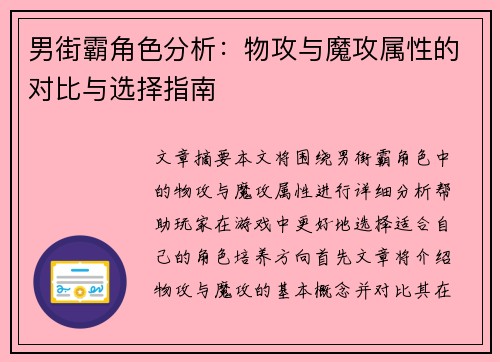 男街霸角色分析：物攻与魔攻属性的对比与选择指南