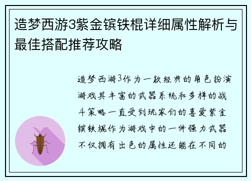 造梦西游3紫金镔铁棍详细属性解析与最佳搭配推荐攻略